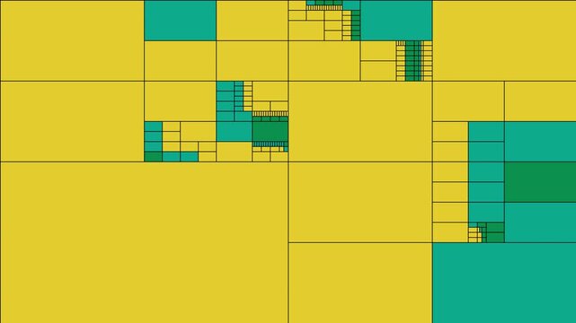 Abstract geometric composition with recursive rectangular subdivisions, procedural treemap data visualization pattern with colorful blocks