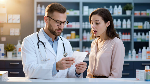 Healthcare professional holds a document beside a surprised woman at a pharmacy counter, with medicine shelves and a readable A supporting consultation, patient guidance and medication choices