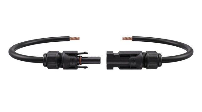 Cables with solar panel connectors and exposed copper ends sit unlinked on a stark transparent backdrop.