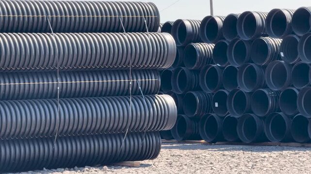 Industrial steel pipe stacked in rows at an outdoor storage yard, shown in a close ground-level panning shot highlighting construction materials, metal supply, and pipeline components.