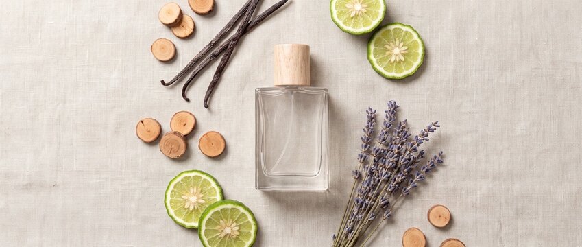 Glass perfume bottle with natural ingredients on a linen fabric