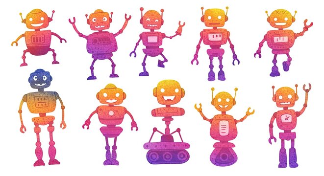 Collection of Cute Watercolor Robot Characters with Colorful Gradient Texture on White Background