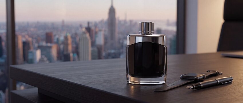 Black perfume bottle with watch and pen on a desk by window