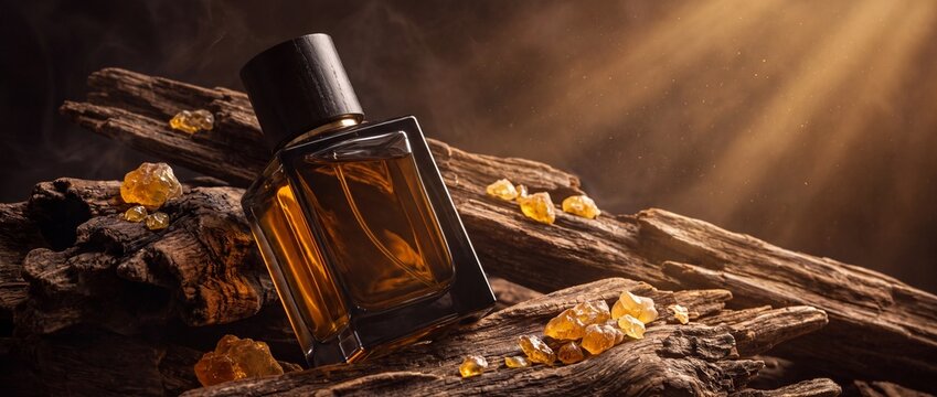 A perfume bottle resting on aged wood with resin pieces