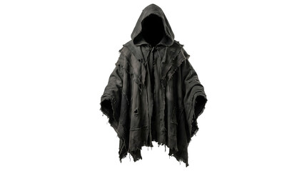 Dark hooded cloak standing isolated against plain white surface on transparent background © Icon Verse