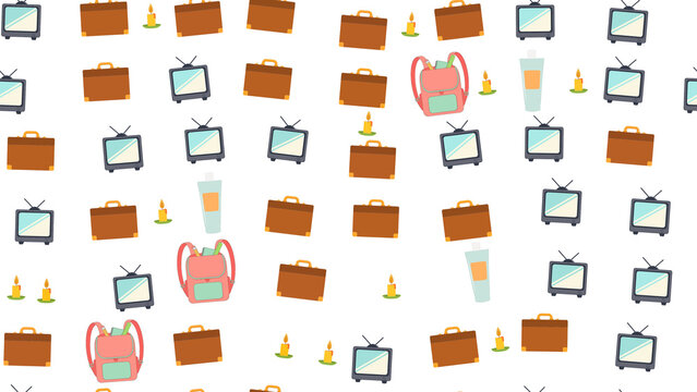 Pattern of briefcases, TVs, backpacks, candles, and tubes