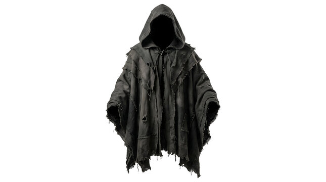 Dark hooded cloak standing isolated against plain white surface on transparent background