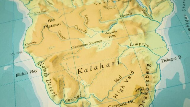 Gliding view to the Kalahari Desert, Southern Africa &ndash; regional geography on a physical atlas map