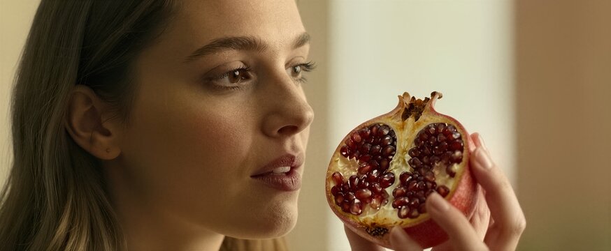 Close Of Woman Holding Halved Pomegranate To Face In Late Twenties Early Thirties With Fair Skin Complexion Caucasian Descent Hair Dark