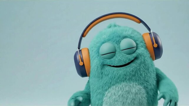 Fluffy Monster Enjoying Music: A cute, fuzzy blue monster with orange headphones is relaxing with closed eyes, completely immersed in the music, conveying a sense of peace and happiness.