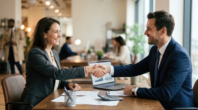 Business people shaking hands across a desk in a modern office setting