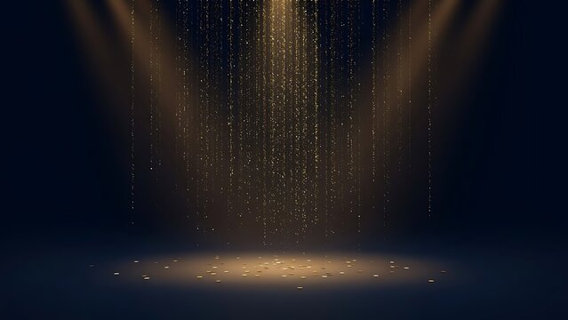 Golden glitter particles falling down from above under two bright spotlights creating a festive stage effect on a dark blue background, surface area