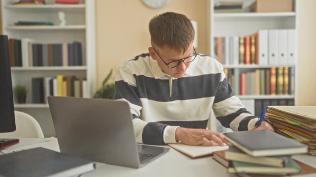 Man writing notes with pen and hand on notebook beside laptop and stacked books in study building with bookshelf and files visible; concentration.