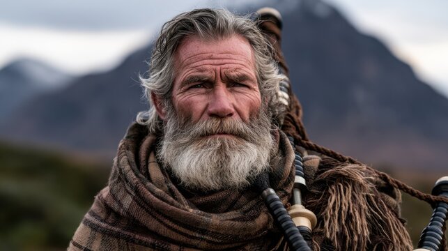 Elderly scottish man tartan bagpipes portrait for editorial banner background and cultural storytelling in highland landscape