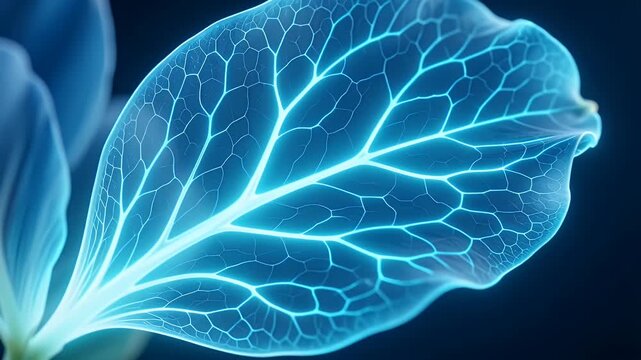 Fine Cyan Vascular Patterns Spread Across a Delicate Transparent Plant Leaf in an Artistic Macro Close Up