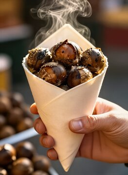 Captures Close Of Persons Hand Holding Cone Shaped Paper Filled With Roasted Chestnuts Dark Brown Shiny Slightly Wrinkled Texture