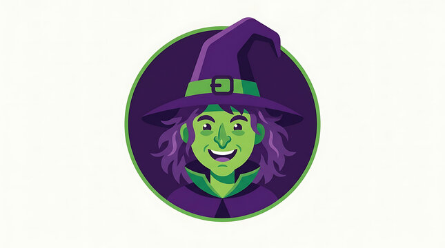 Cartoon-style green witch illustration in a circular frame