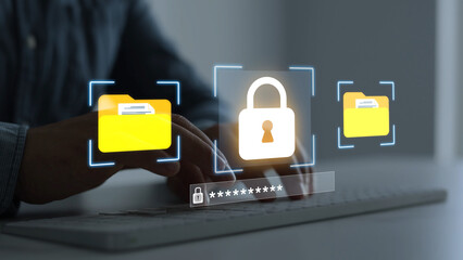 Fototapeta na wymiar Secure file folder and document data protection system with password authentication. Digital document security system protecting confidential files, sensitive data and important information.