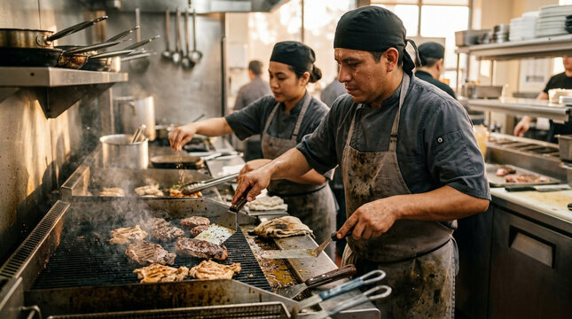Restaurant kitchen: chef grilling meat and other food on a large hot griddle in a busy professional restaurant kitchen