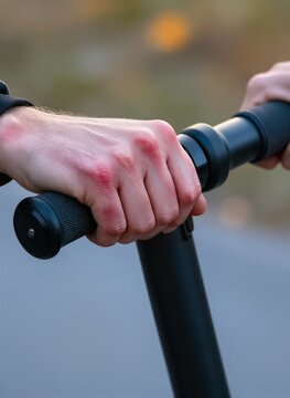 Captures Close Of Persons Hands Gripping Handlebars Bicycle Prominently Displayed In Foreground With Fingers Wrapped Around Handle