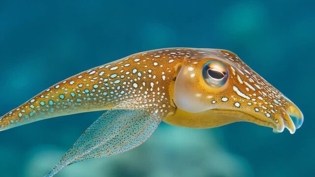 selective focus squid with flowing arms swimming in ocean