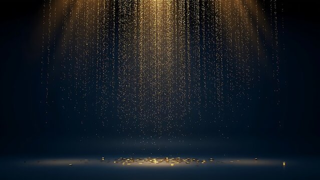 Golden glitter particles falling down from above under two bright spotlights creating a festive stage effect on a dark blue background, surface area