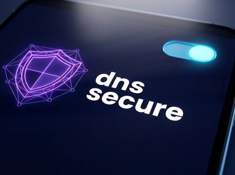 Smartphone screen with glowing purple shield icon and DNS secure text beside blue toggle switch, cybersecurity, online privacy, network protection and safe internet browsing concept