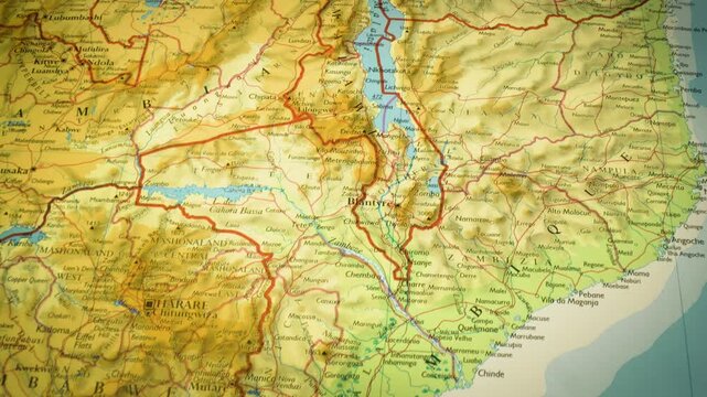 Flyover to Blantyre, Malawi &ndash; Gliding view over a physical road atlas map