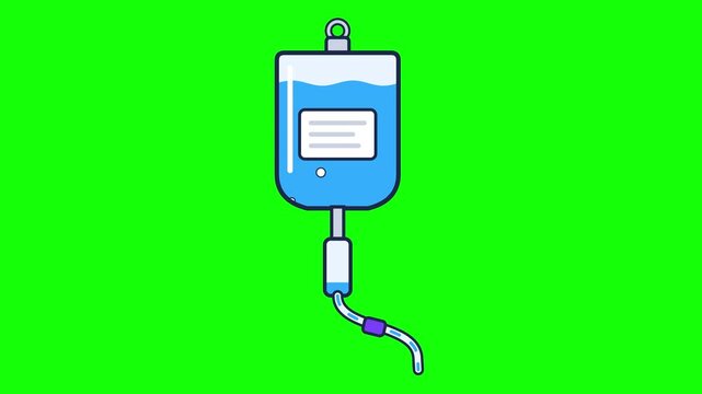 IV drip bag with drops falling into the chamber and fluid flowing, cartoon infusion seamless loop animation on green screen chroma key background