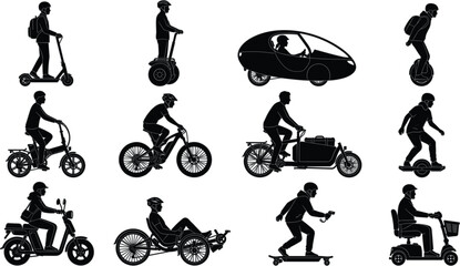 Eco friendly electric personal mobility vehicles black silhouettes collection vector set featuring scooters unicycles skateboards cargo bikes and handicap transport on white © MstShapla