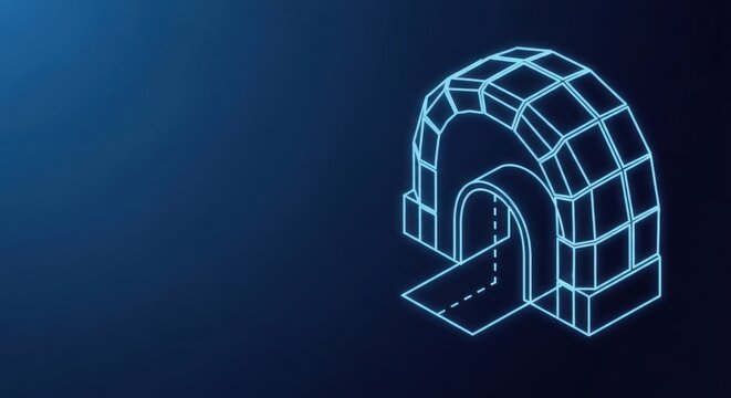 Glowing blue neon igloo structure with entrance on dark background