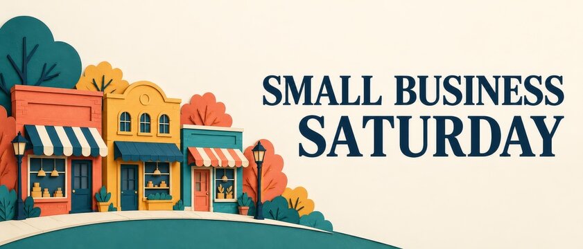 Small Business Saturday Banner with Colorful Illustrated Neighborhood Shops and Autumn Trees