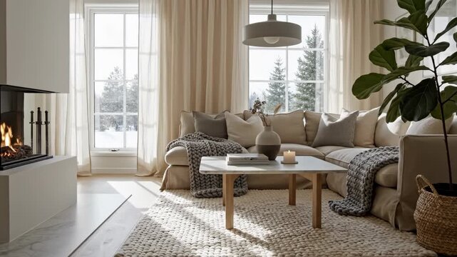 The Image Shows A Modern Living Room With A Large Window On The Right Side