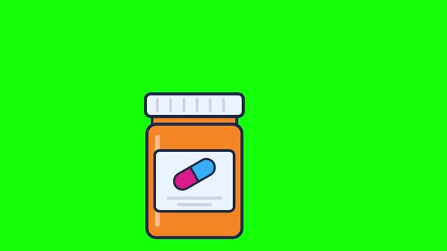 Medicine bottle popping open with pills bouncing out and back, cartoon pharmacy seamless loop animation on green screen chroma key background