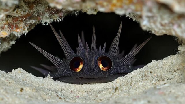 selective focus close up of black sea urchin in coral crevice