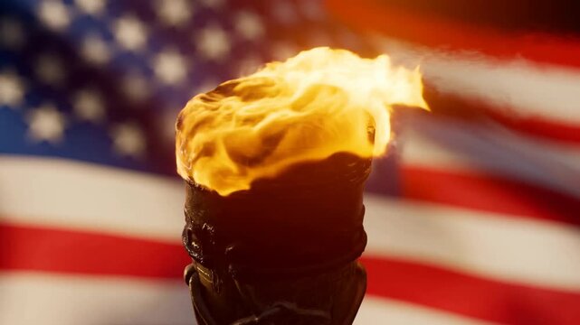 Slow motion torch flame flickering and swaying against large waving american flag backdrop during close up ceremonial patriotic scene