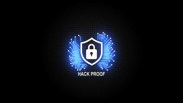 Hack proof cyber security shield with glowing digital circuitry animation for data protection and network safety concepts