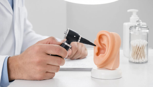 Doctor examining ear model with otoscope in clinical setting for medical education concept