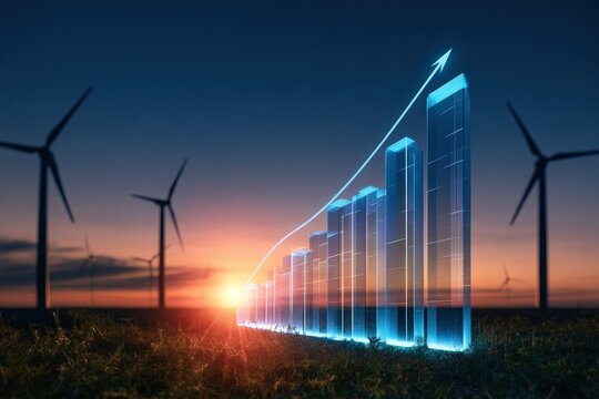 Holographic stock market graph rising over wind turbines at sunset
