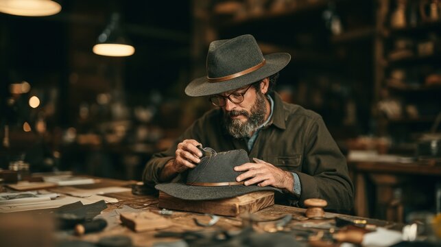 Bearded craftsman wearing a hat examines a hat with a magnifying glass in a workshop