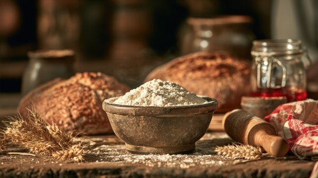 Freshly milled flour in bowl with loaves of bread and wheat stalks