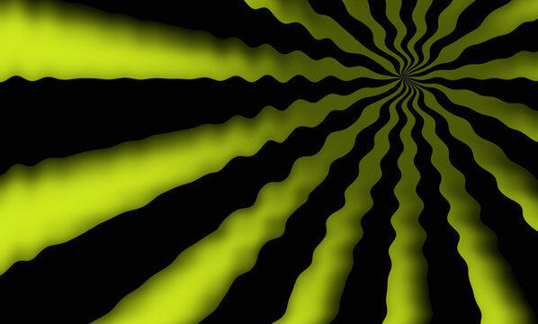  Psychedelic wavy sunburst background, yellow and black hypnotic spiral rays, retro optical illusion backdrop