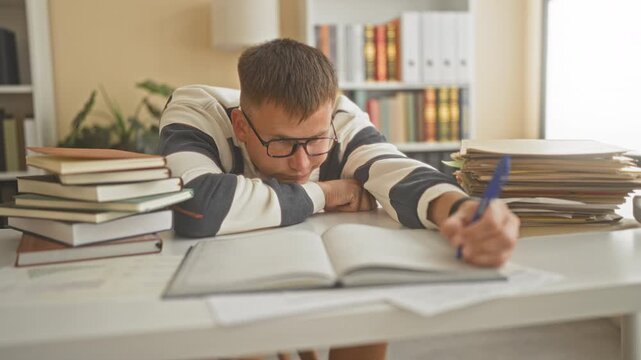 Man writing notes with pen amid stacks of books and folders on a study desk in studio; late night exhaustion.