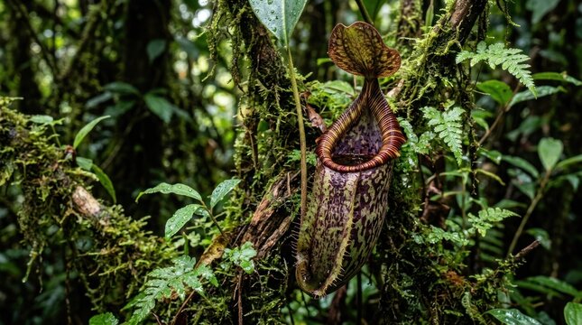 Close-up of a carnivorous pitcher plant in a lush, green tropical rainforest, showcasing its unique structure and natural habitat.