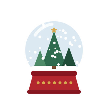 Snow globe with Christmas trees and falling snow, flat vector illustration isolated on transparent background