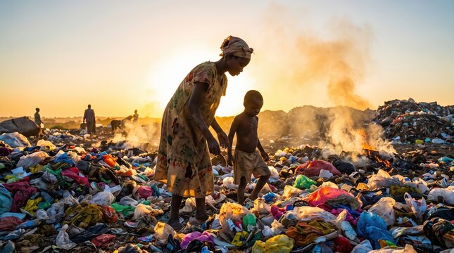 Documentary photograph recording a woman and a child searching and scavenging through a vast, smoking municipal garbage landfill during a glowing sunset.