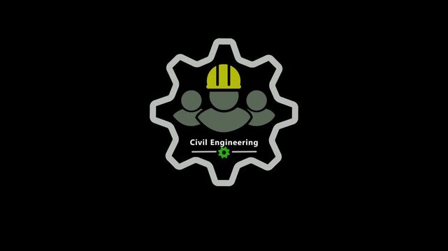 Civil Engineering Team Logo with Hard Hat Workers and Gear Symbol on Black Background. 4K ANIMATION VIDEO