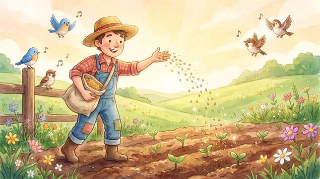Parable of the sower with joyful farmer scattering seeds on fertile soil with singing birds, kids bible illustration