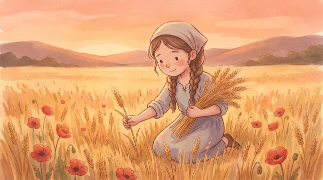 Gentle young Ruth holding sheaf of wheat stalks in golden field at sunset, cute biblical children illustration