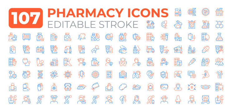 Pharmacy two color line icons set collection. Drag store customer service. Selling medication to patients bicolor outline mega pack isolated, pixel perfect. Duotone thin lineart. Editable stroke